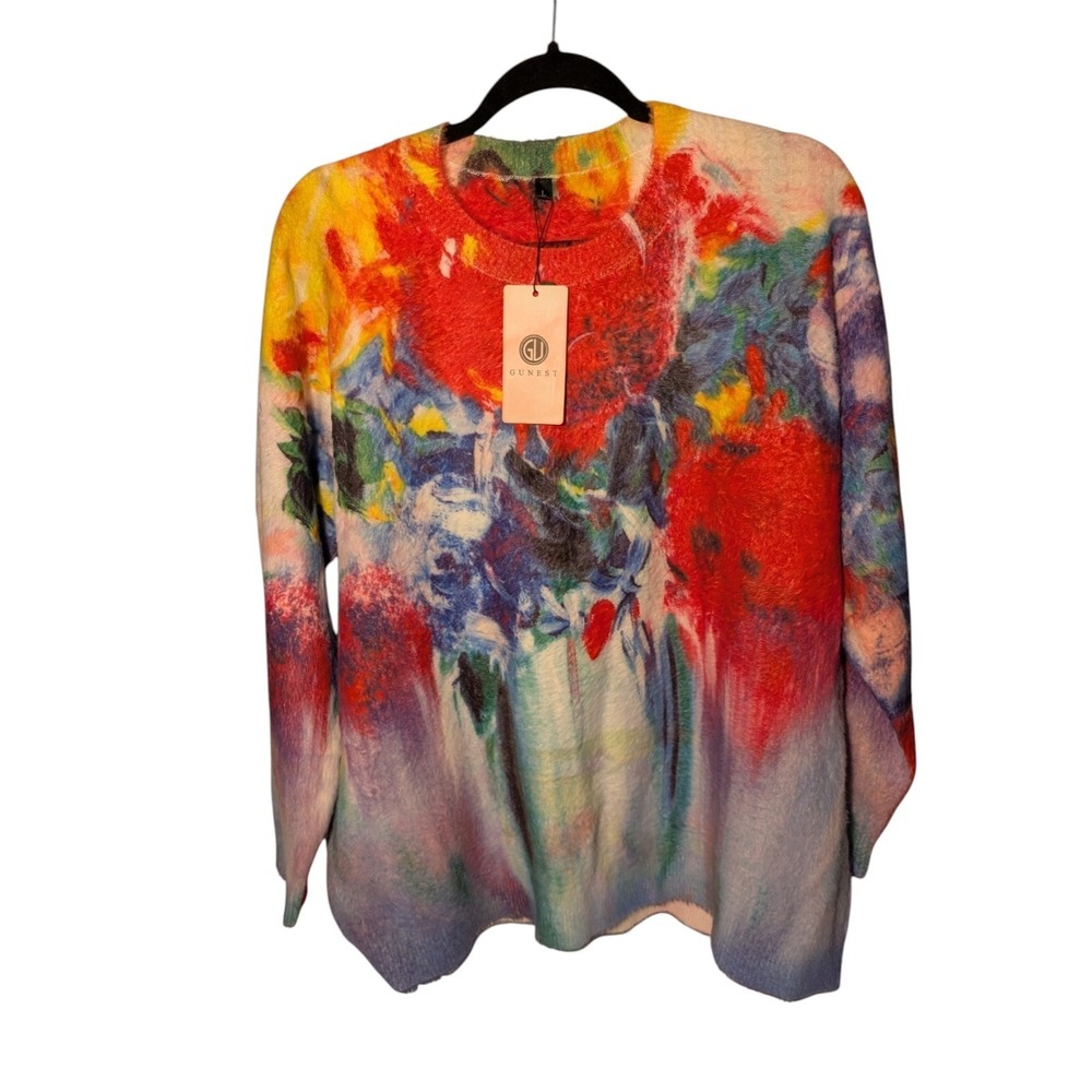 GUNEST Graphic Oversized Boho Super Soft‎ Crew Neck Printed Sweater Lg NWT